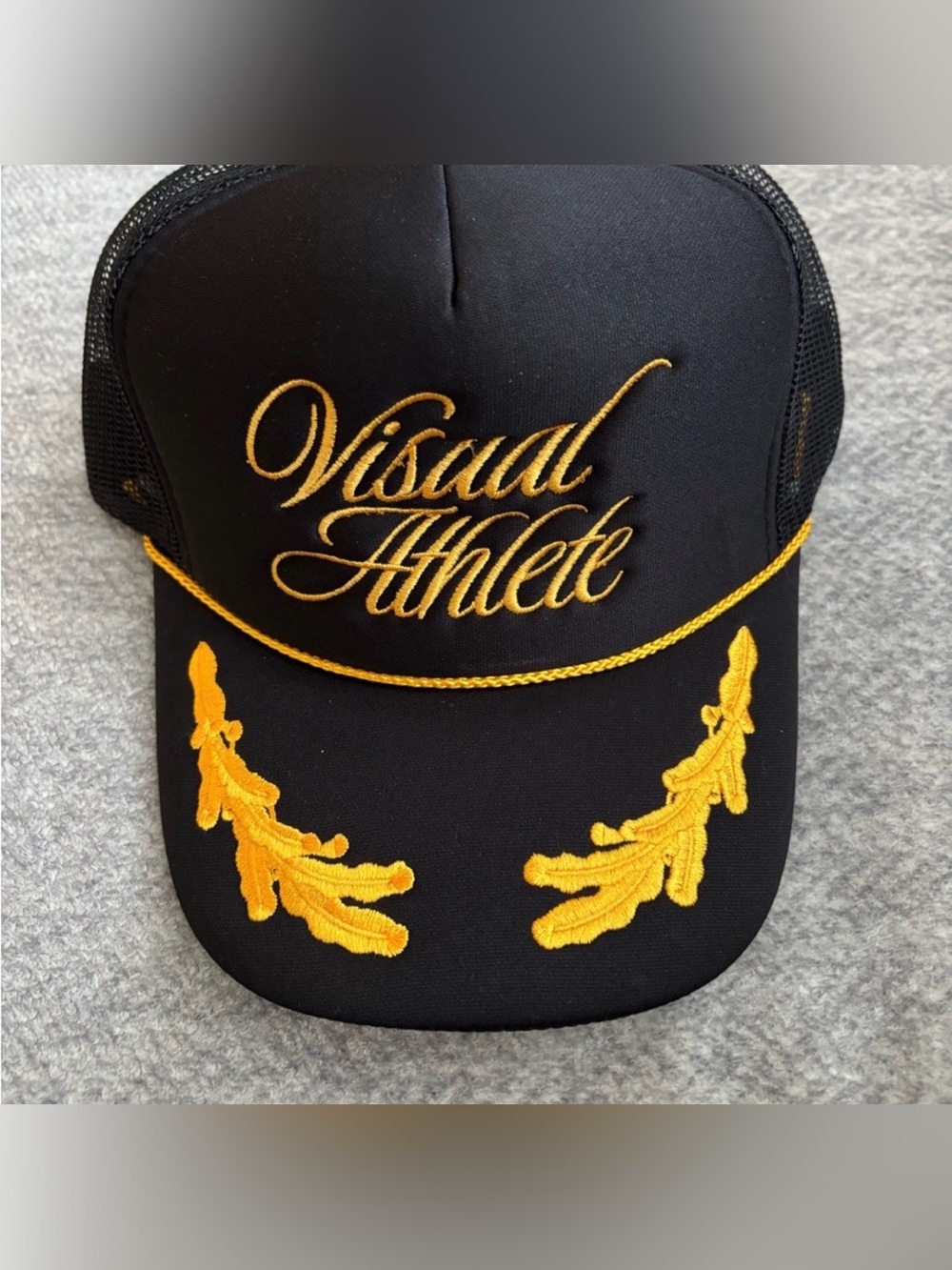 Black and Gold Embroidered Trucker Hat Visual Athlete